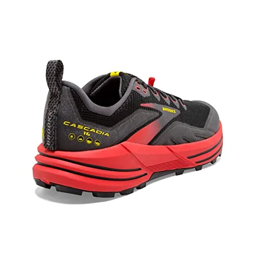1103761D035 BROOKS CASCADIA 16 MEN'S TRAIL SHOE - BLACK/RED/YELLOW - SIZE 9.5 - Like New