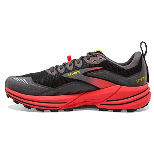 1103761D035 BROOKS CASCADIA 16 MEN'S TRAIL SHOE - BLACK/RED/YELLOW - SIZE 9.5 - Like New