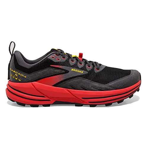 1103761D035 BROOKS CASCADIA 16 MEN'S TRAIL SHOE - BLACK/RED/YELLOW - SIZE 9.5 - Like New