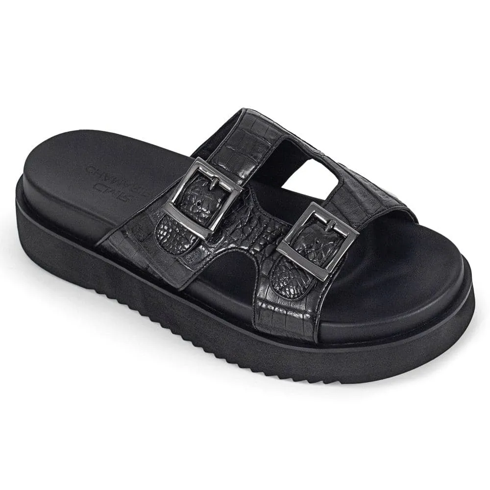 5CM / 1.95 Inches CMR CHAMARIPA Black Crocodile Leather Elevator Sandals