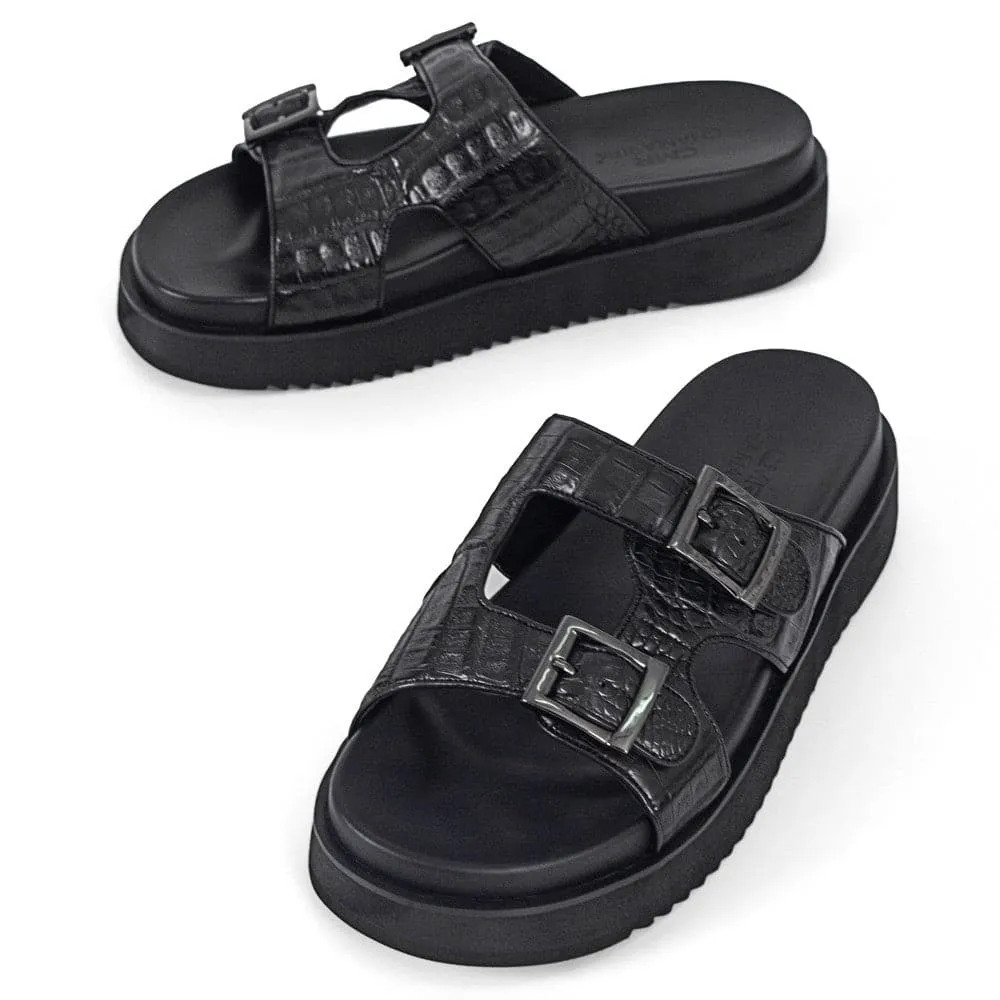 5CM / 1.95 Inches CMR CHAMARIPA Black Crocodile Leather Elevator Sandals
