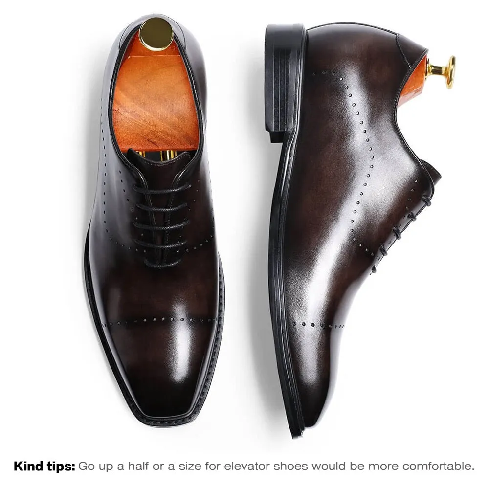 6 CM/2.36 Inches Taller -CMR CHAMARIPA Dress Shoes That Make You Taller- Leather Hand Painted Wholecut Oxfords- Burgundy