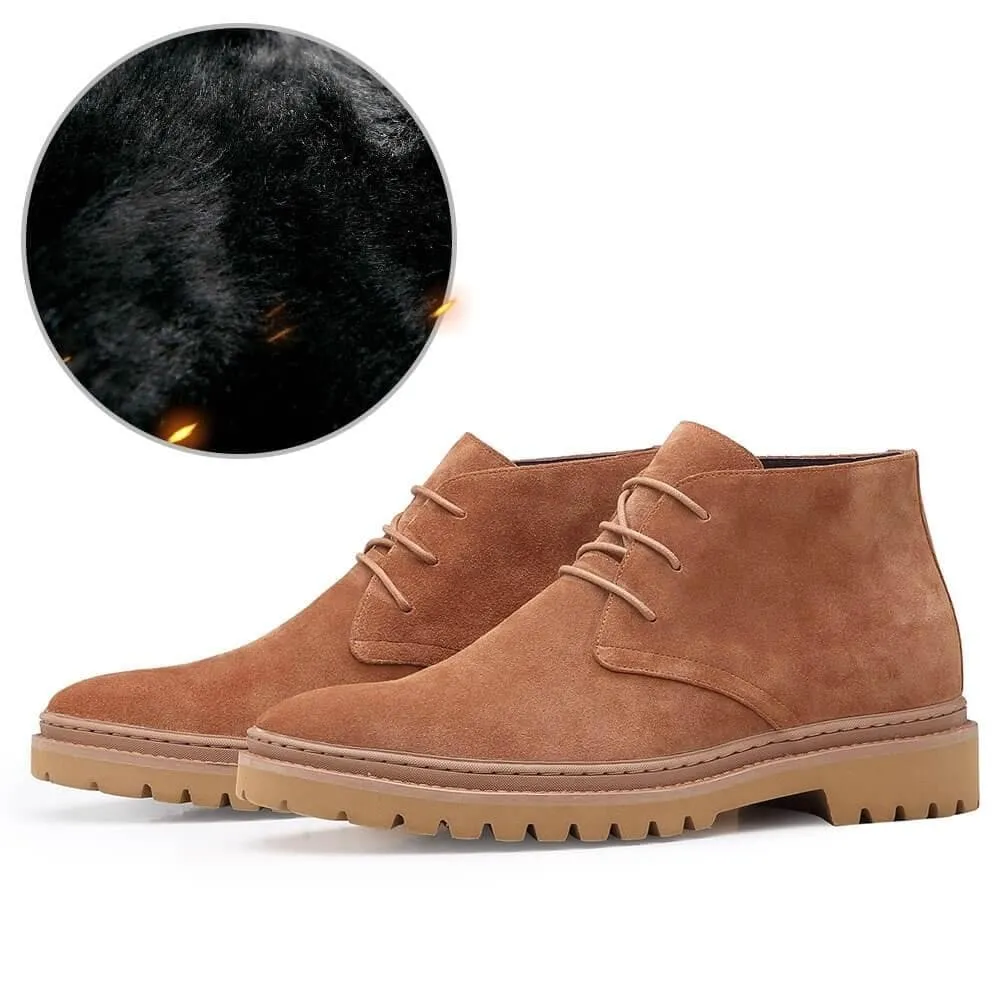 7CM / 2.76 Inches - CMR CHAMARIPA Men's Elevator Shoes Brown Suede Leather Fur Lining Chukka Height Increasing Winter Boots