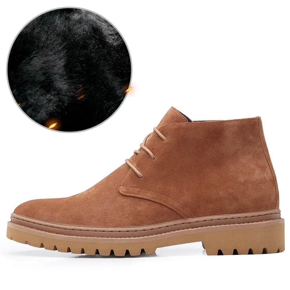 7CM / 2.76 Inches - CMR CHAMARIPA Men's Elevator Shoes Brown Suede Leather Fur Lining Chukka Height Increasing Winter Boots