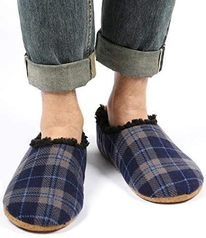 ALLBEST Men's Slippers Socks Autumn Winter Indoor Non-Skid House Slippers, Blue Plaid, Fits 9-11