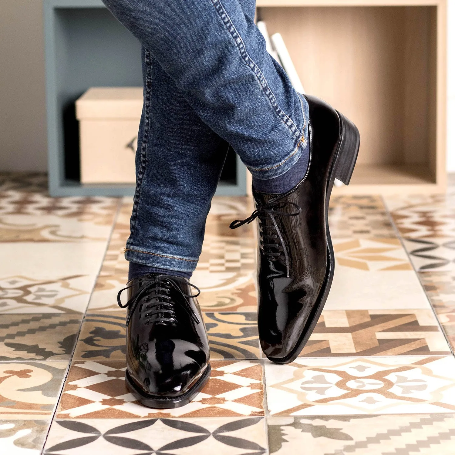 Ambrogio Bespoke Men's Shoes Black Patent Leather Belgravia High-Heel Wholecut Oxfords (AMB2388)