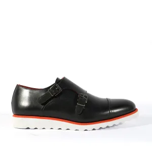 Ambrogio Men's Shoes Black Calf-Skin Leather Double Monk-Straps Loafers(AMB2519)