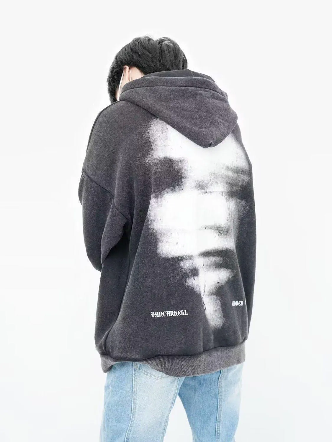 American Oversize Vintage Distressed Letter Print Zipper Hoodie – Artistic Retro Style