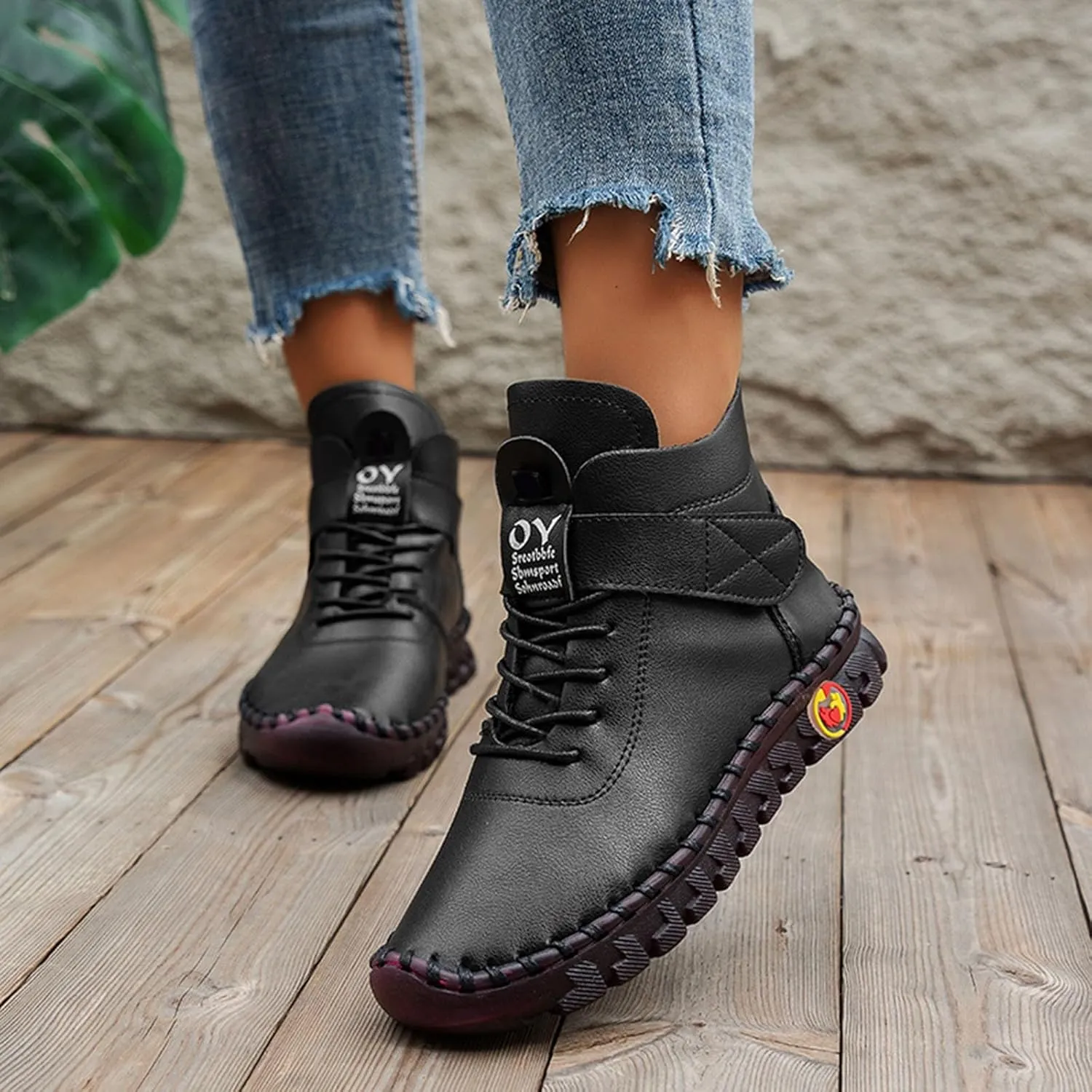 Ankle Boots for Women Round Toe Chunky Wedge Booties Zipper Buckle Leather Boots Fashion Lace Up Platform Booties