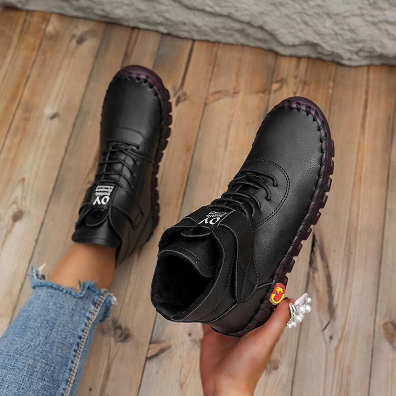 Ankle Boots for Women Round Toe Chunky Wedge Booties Zipper Buckle Leather Boots Fashion Lace Up Platform Booties
