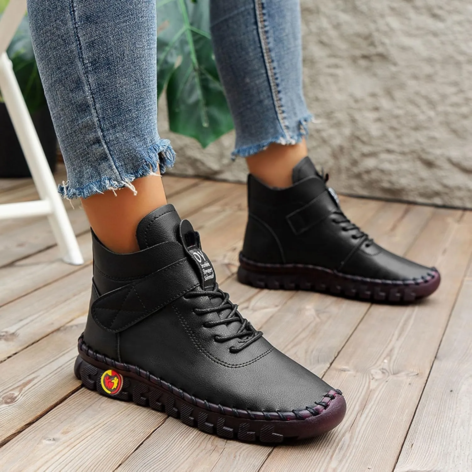 Ankle Boots for Women Round Toe Chunky Wedge Booties Zipper Buckle Leather Boots Fashion Lace Up Platform Booties