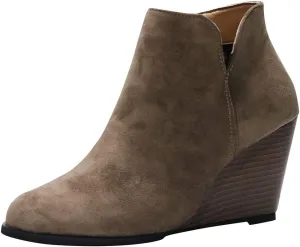 Ankle Boots for Women Round Toe Chunky Wedge Booties Zipper Buckle Leather Boots Fashion Lace Up Platform Booties