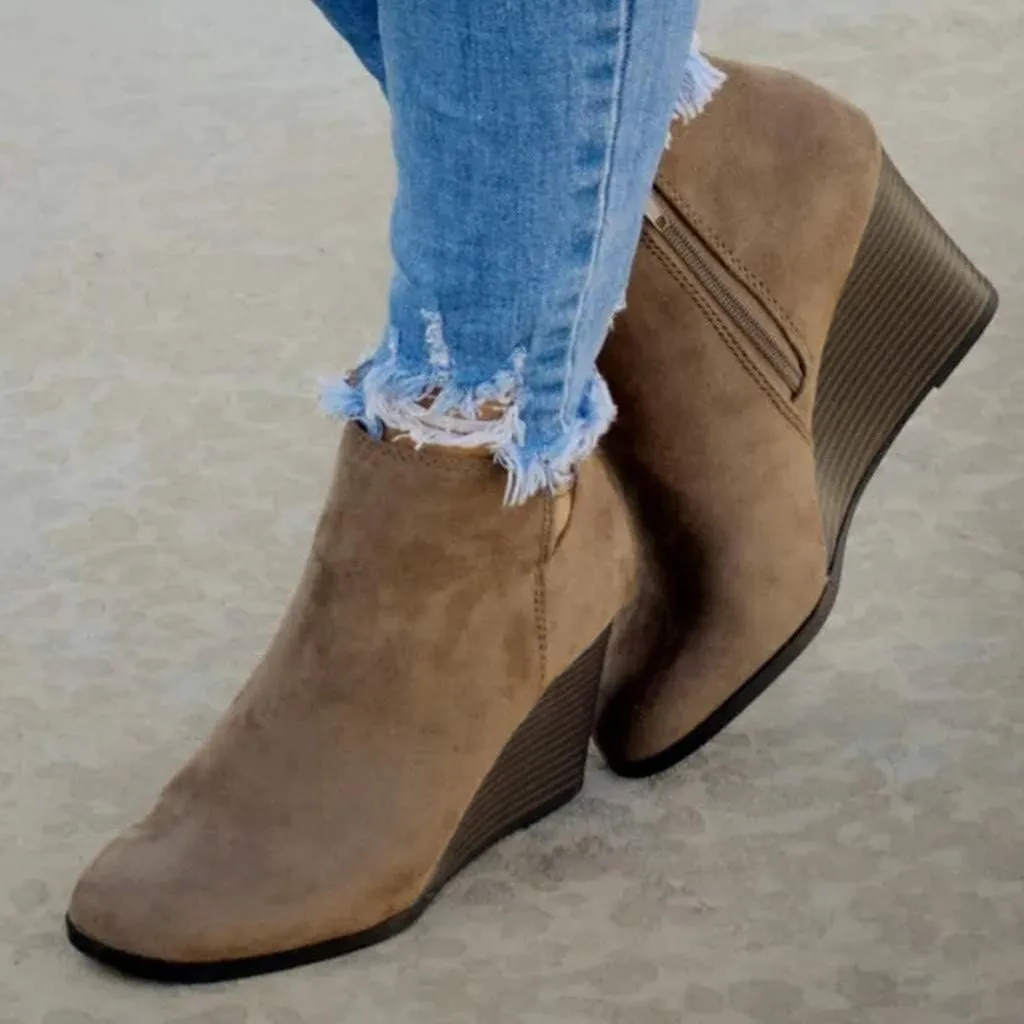 Ankle Boots for Women Round Toe Chunky Wedge Booties Zipper Buckle Leather Boots Fashion Lace Up Platform Booties