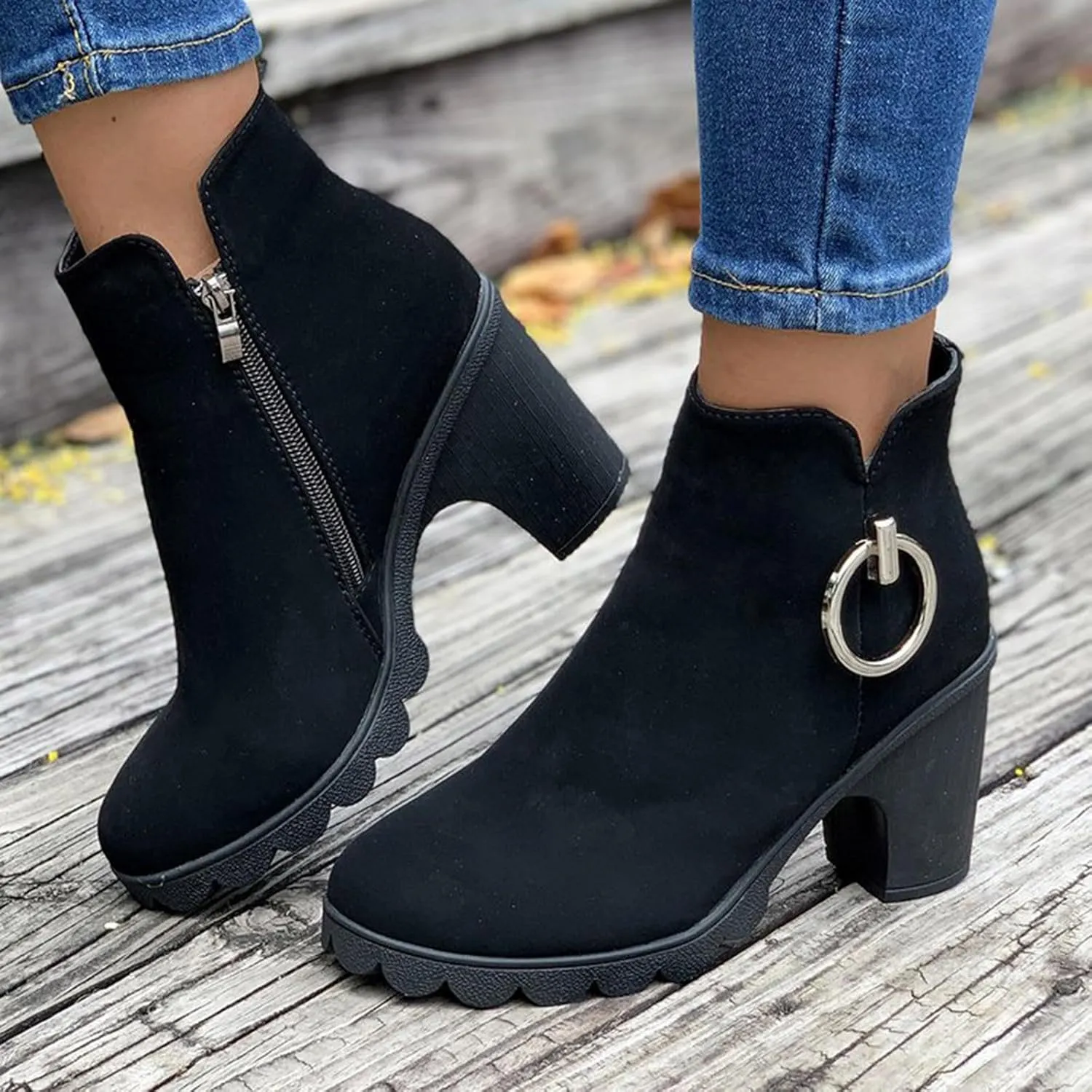 Ankle Boots for Women Suede Closed Toe Stacked Heel Booties Shoes Slip on Short Boots Western Cowboy Ankle Bootie for Women Ladies Comfortable Platform Walking Boots with Zipper
