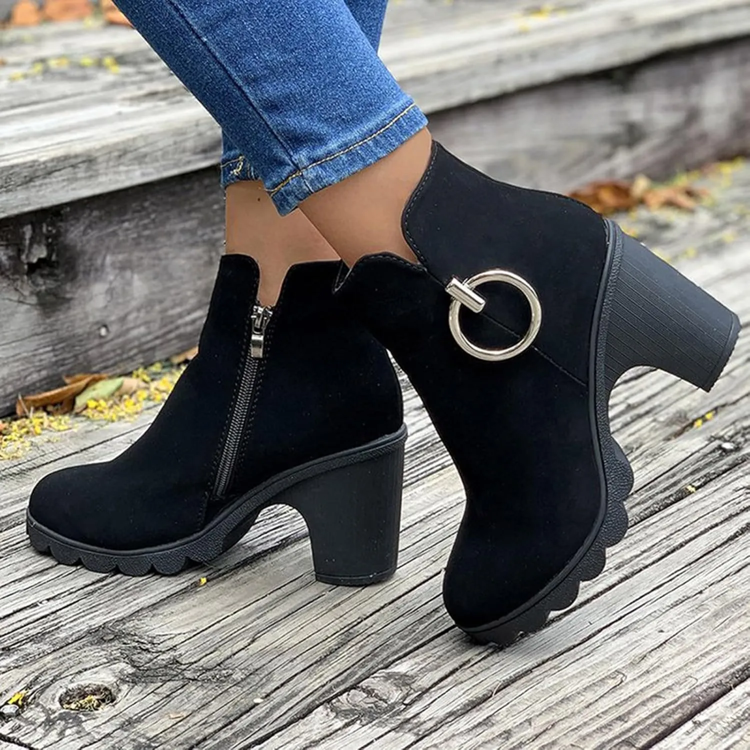 Ankle Boots for Women Suede Closed Toe Stacked Heel Booties Shoes Slip on Short Boots Western Cowboy Ankle Bootie for Women Ladies Comfortable Platform Walking Boots with Zipper