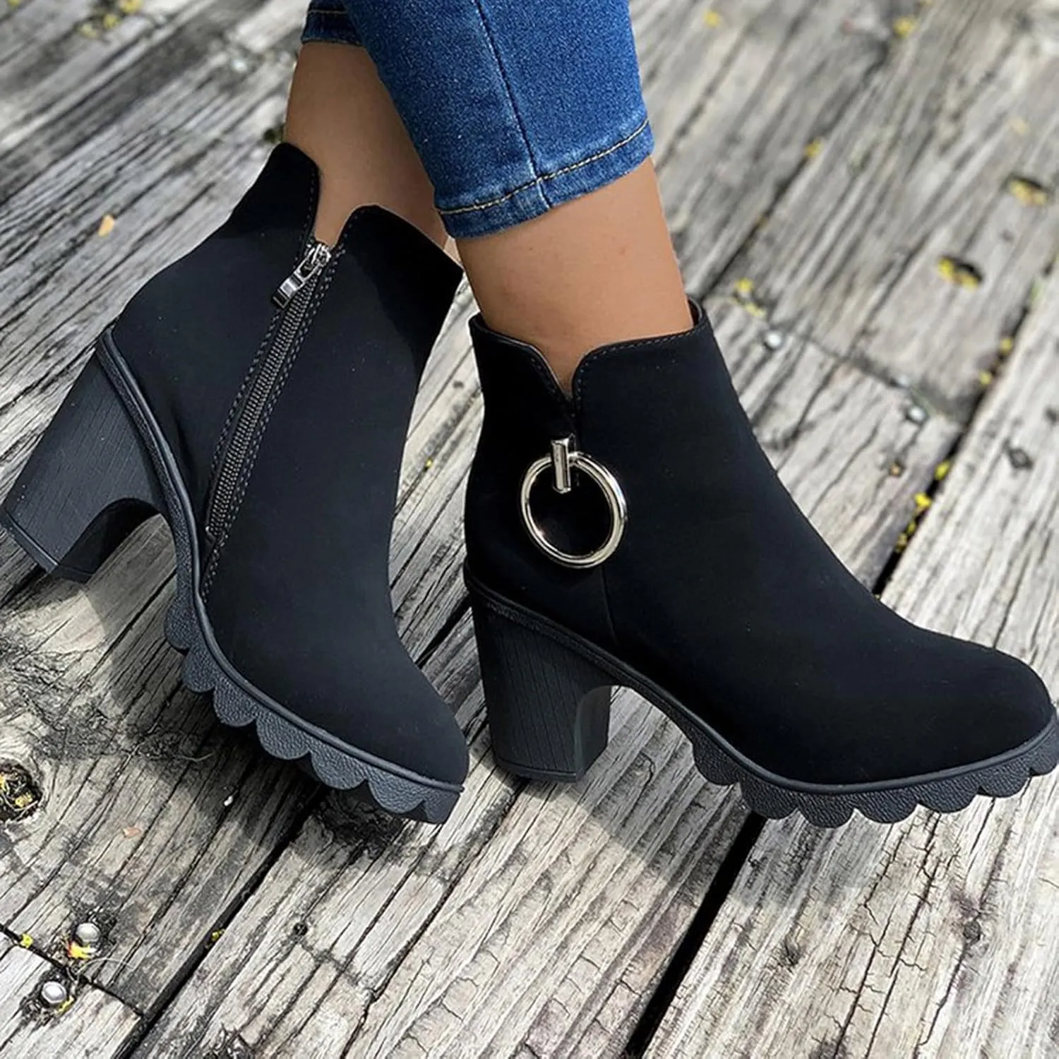 Ankle Boots for Women Suede Closed Toe Stacked Heel Booties Shoes Slip on Short Boots Western Cowboy Ankle Bootie for Women Ladies Comfortable Platform Walking Boots with Zipper