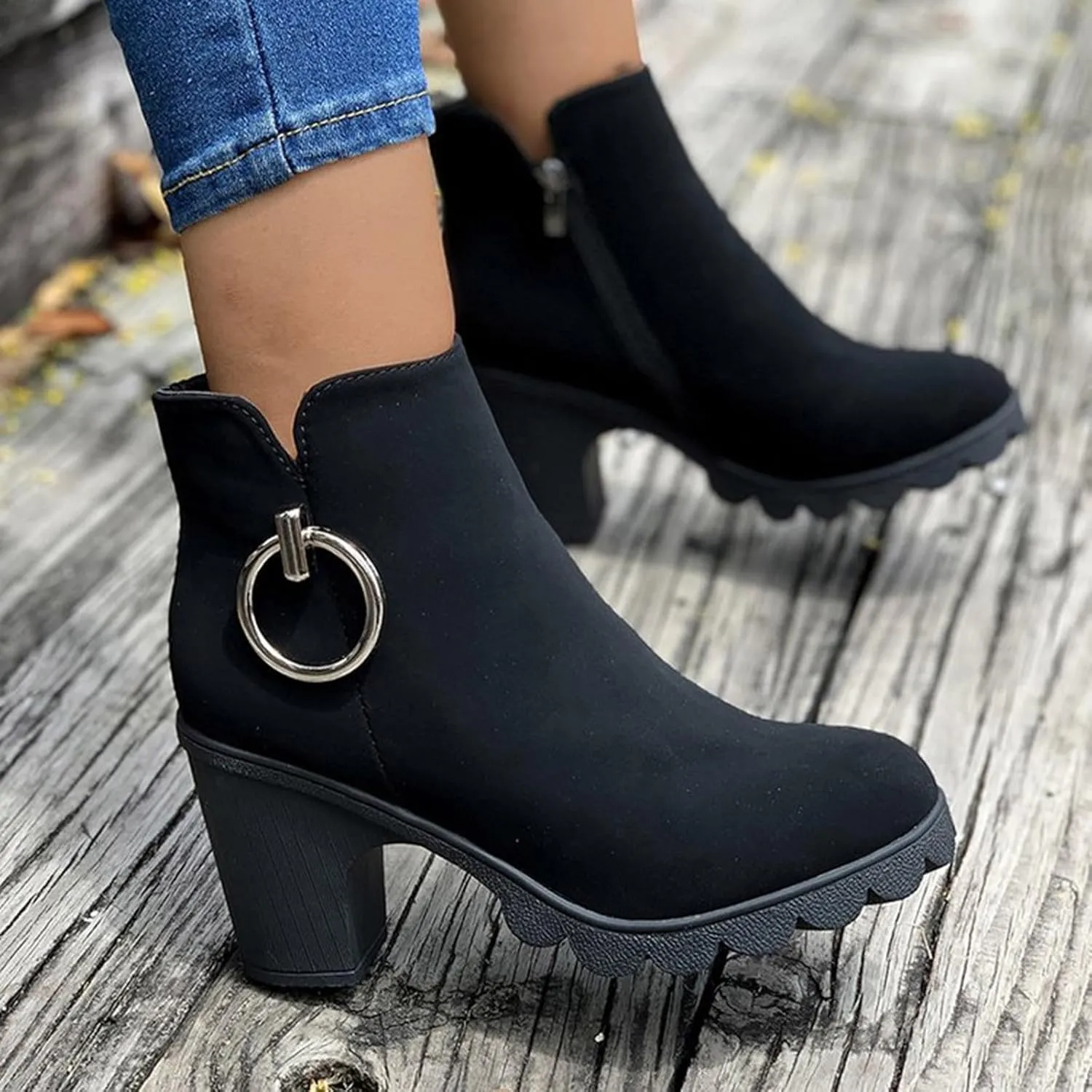 Ankle Boots for Women Suede Closed Toe Stacked Heel Booties Shoes Slip on Short Boots Western Cowboy Ankle Bootie for Women Ladies Comfortable Platform Walking Boots with Zipper