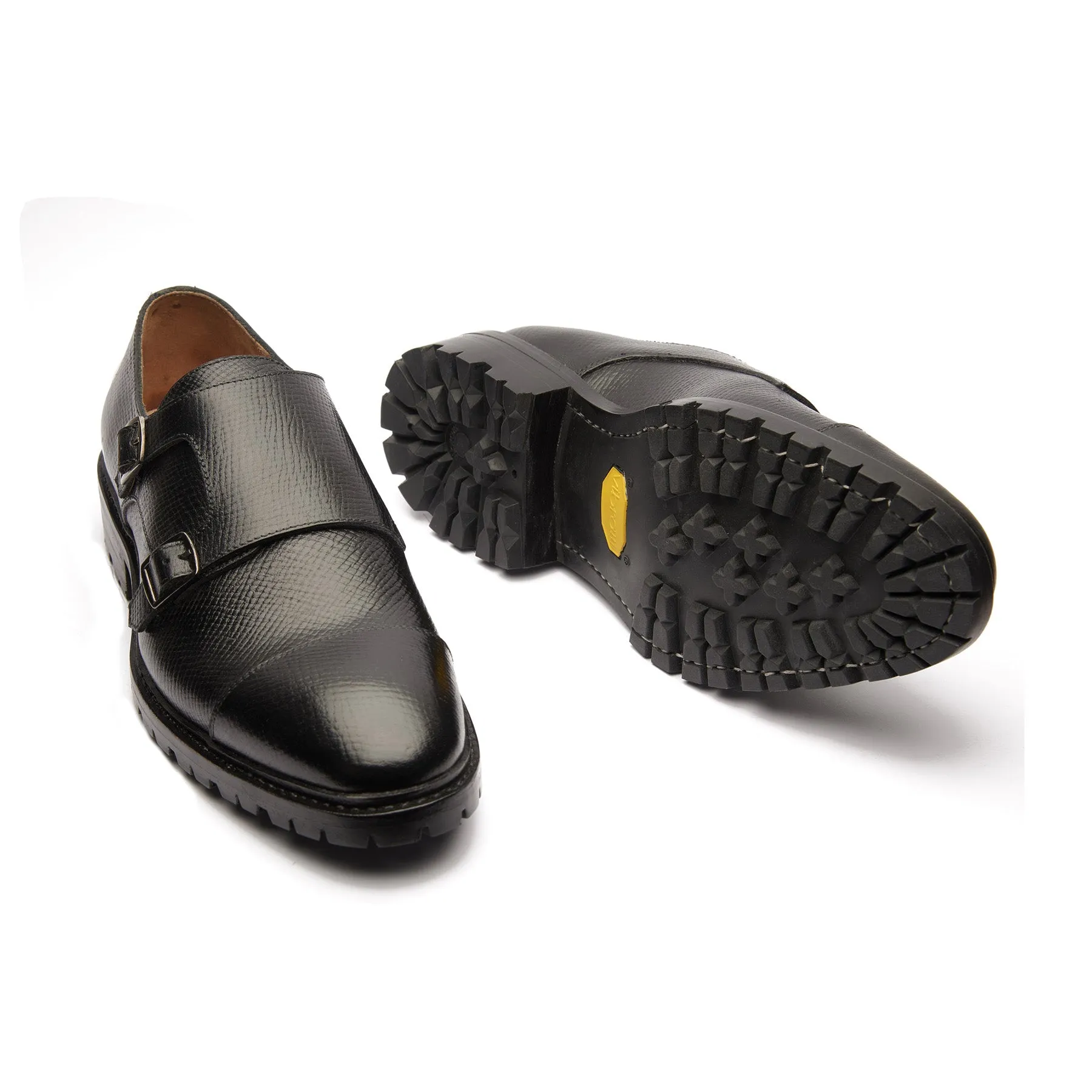 Arnold, Double Monk Strap - Black Hatch-grain | Hand Welted New Age