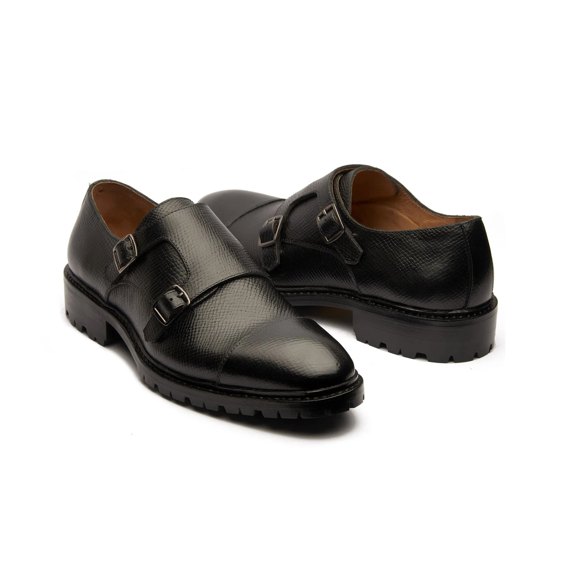 Arnold, Double Monk Strap - Black Hatch-grain | Hand Welted New Age