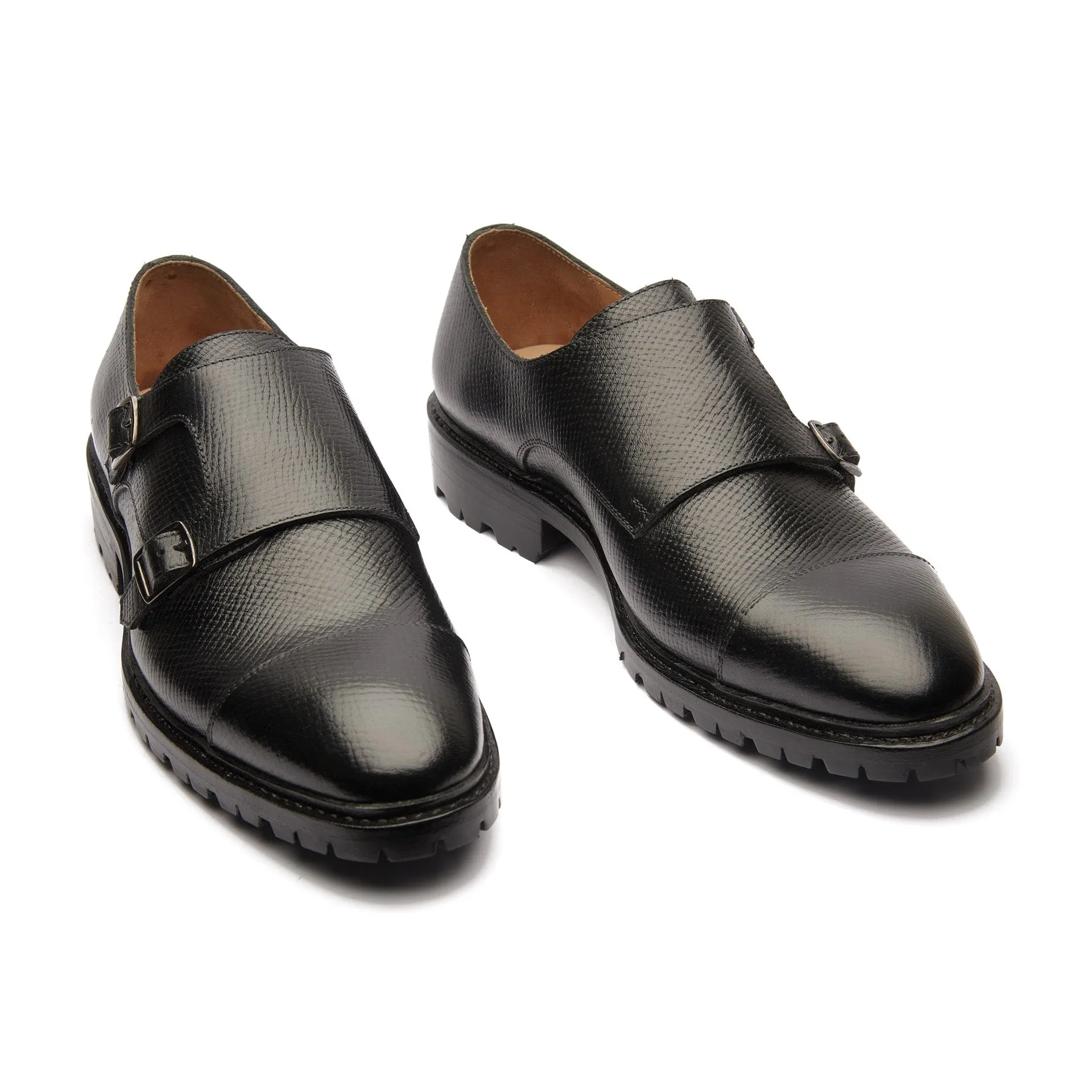 Arnold, Double Monk Strap - Black Hatch-grain | Hand Welted New Age