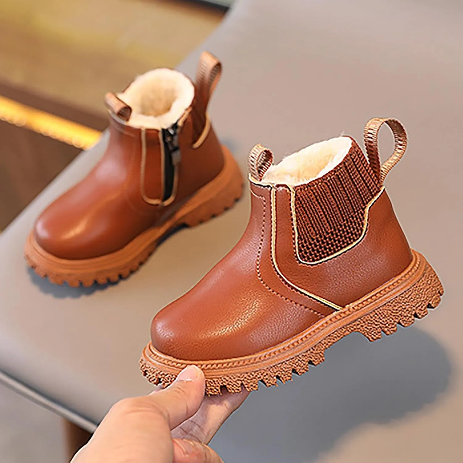 Baby Winter Ankle Boots Lace up Leather Ankle Boots Faux Fur Fashion Non Slip Warm Winter Boots Kids Outdoor Booties