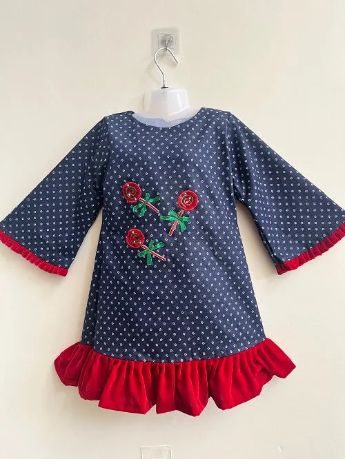 Basic Blue Laycra Denim Popsicles Embroydri Full Sleeves Party Dress For Girls
