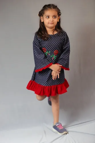 Basic Blue Laycra Denim Popsicles Embroydri Full Sleeves Party Dress For Girls
