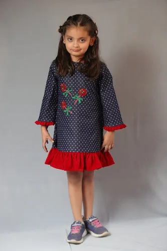 Basic Blue Laycra Denim Popsicles Embroydri Full Sleeves Party Dress For Girls