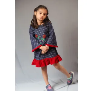 Basic Blue Laycra Denim Popsicles Embroydri Full Sleeves Party Dress For Girls