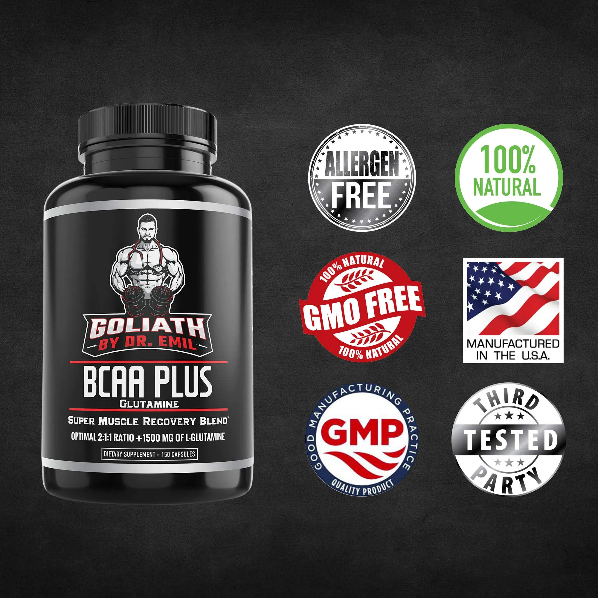 BCAA   1500mg Glutamine - Highest Capsule Dose (3200 mg) - Branched Chain Amino Acids w/Optimal 2:1:1 Ratio - Enhanced Recovery and Growth Stack for Men and Women (150 BCAA Pills)