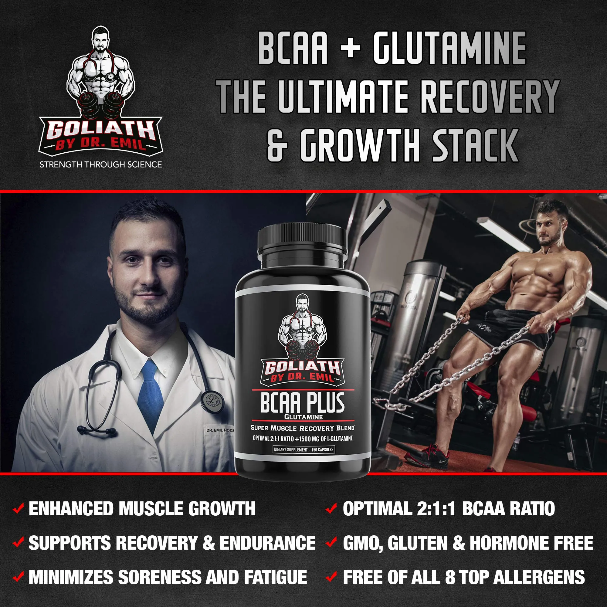 BCAA   1500mg Glutamine - Highest Capsule Dose (3200 mg) - Branched Chain Amino Acids w/Optimal 2:1:1 Ratio - Enhanced Recovery and Growth Stack for Men and Women (150 BCAA Pills)