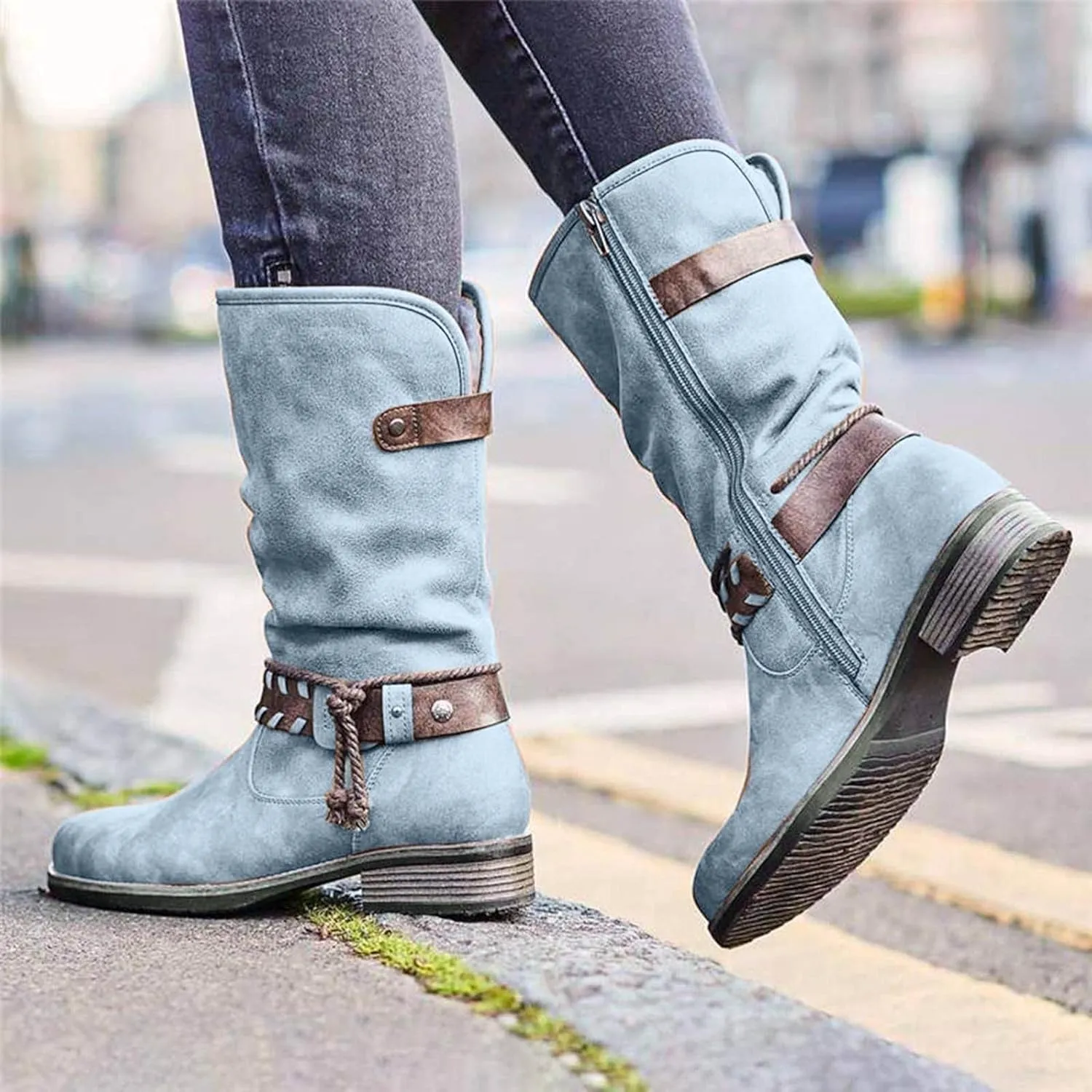 Bcshiye Women's Knee High Cowboy Boots Mid Calf Fashion Winter Classic Western Ankle Boots Low Heel Combat Riding Boots
