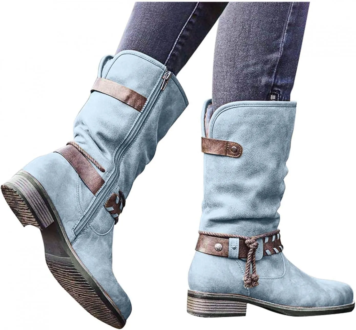 Bcshiye Women's Knee High Cowboy Boots Mid Calf Fashion Winter Classic Western Ankle Boots Low Heel Combat Riding Boots