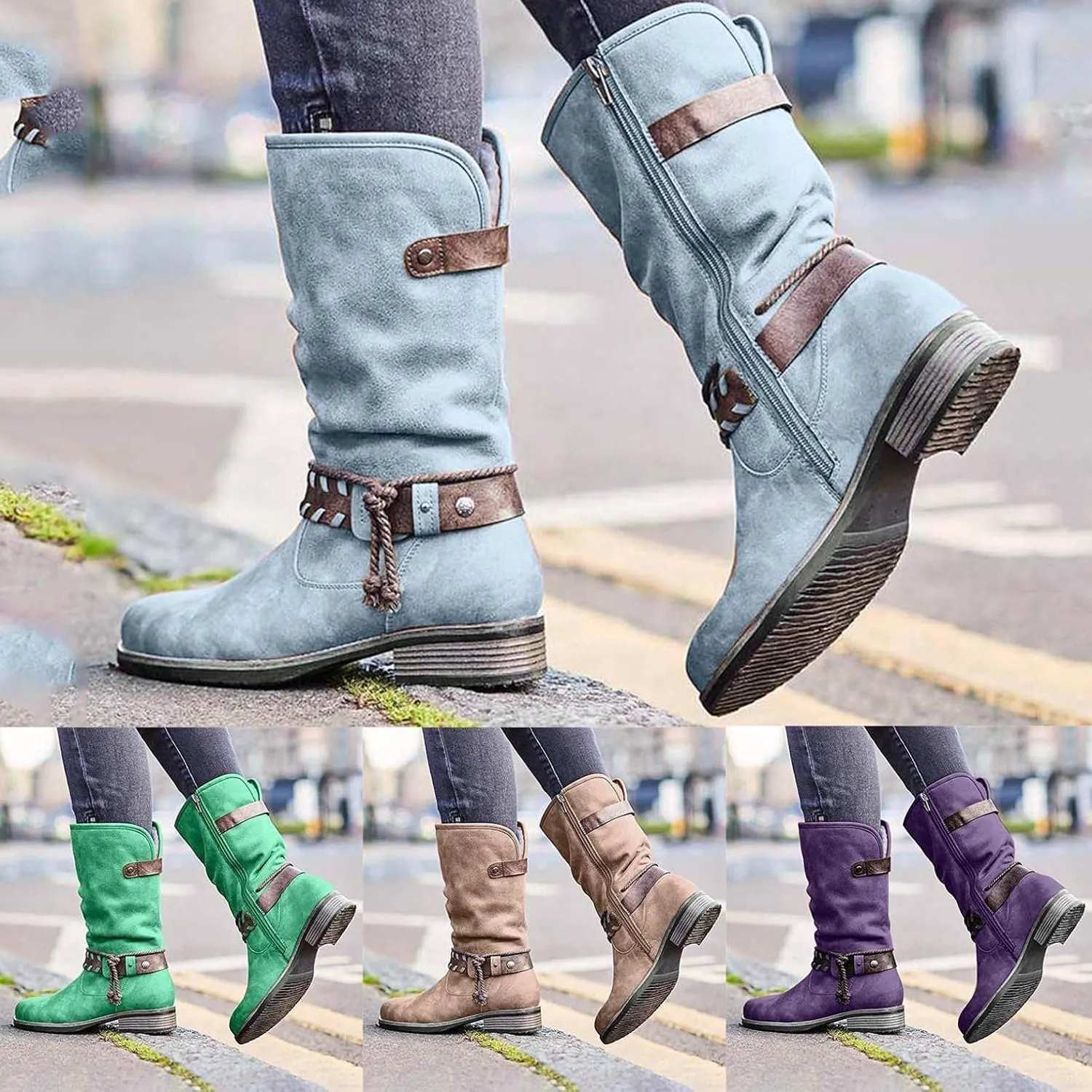 Bcshiye Women's Knee High Cowboy Boots Mid Calf Fashion Winter Classic Western Ankle Boots Low Heel Combat Riding Boots