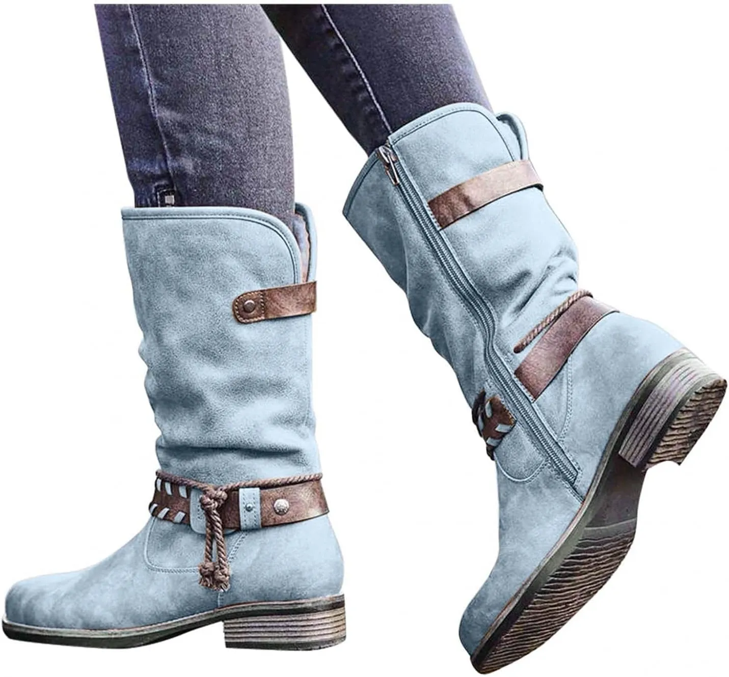 Bcshiye Women's Knee High Cowboy Boots Mid Calf Fashion Winter Classic Western Ankle Boots Low Heel Combat Riding Boots