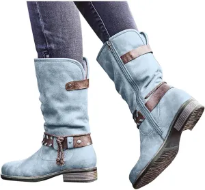 Bcshiye Women's Knee High Cowboy Boots Mid Calf Fashion Winter Classic Western Ankle Boots Low Heel Combat Riding Boots