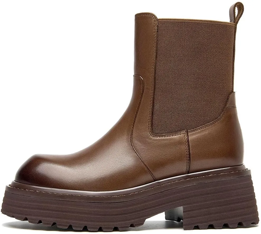 BEAU TODAY Chelsea Ankle Boots Women Genuine Calfskin Waxing Round Toe Platform Elastic Bands Ladies Shoes Handmade