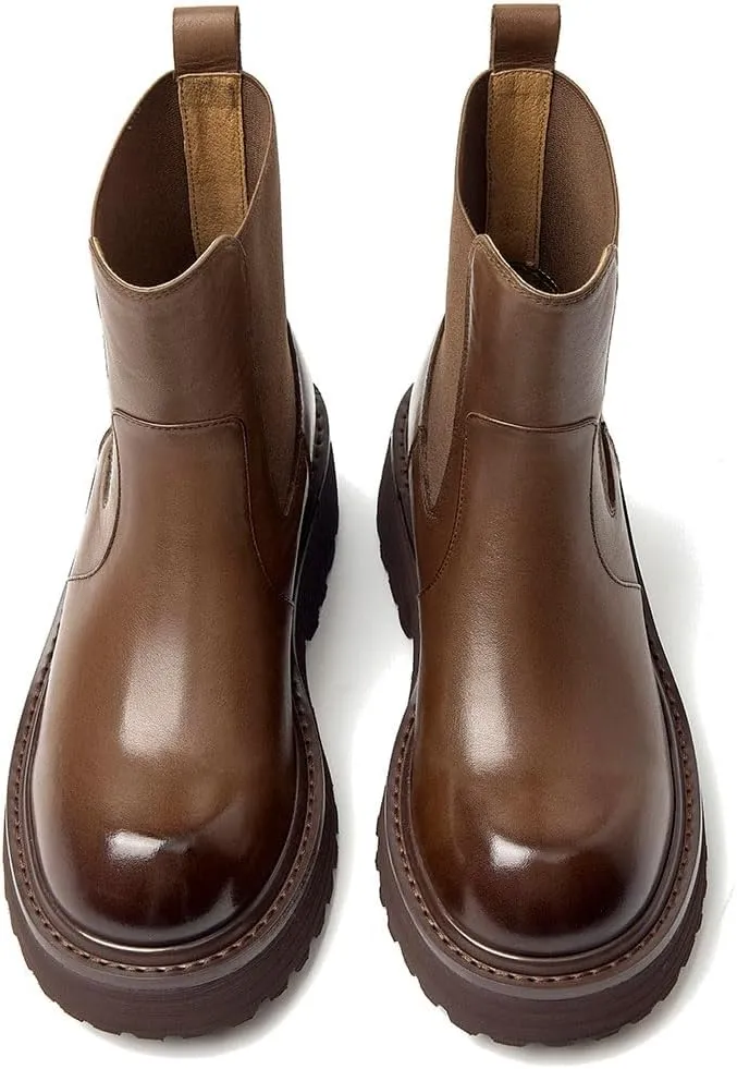 BEAU TODAY Chelsea Ankle Boots Women Genuine Calfskin Waxing Round Toe Platform Elastic Bands Ladies Shoes Handmade