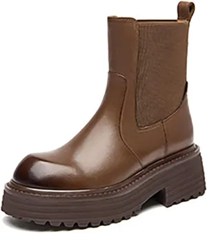 BEAU TODAY Chelsea Ankle Boots Women Genuine Calfskin Waxing Round Toe Platform Elastic Bands Ladies Shoes Handmade