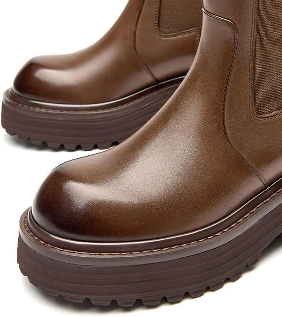BEAU TODAY Chelsea Ankle Boots Women Genuine Calfskin Waxing Round Toe Platform Elastic Bands Ladies Shoes Handmade