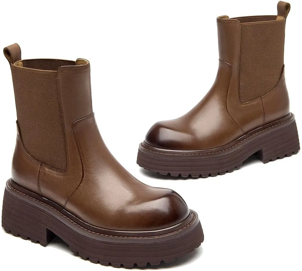 BEAU TODAY Chelsea Ankle Boots Women Genuine Calfskin Waxing Round Toe Platform Elastic Bands Ladies Shoes Handmade
