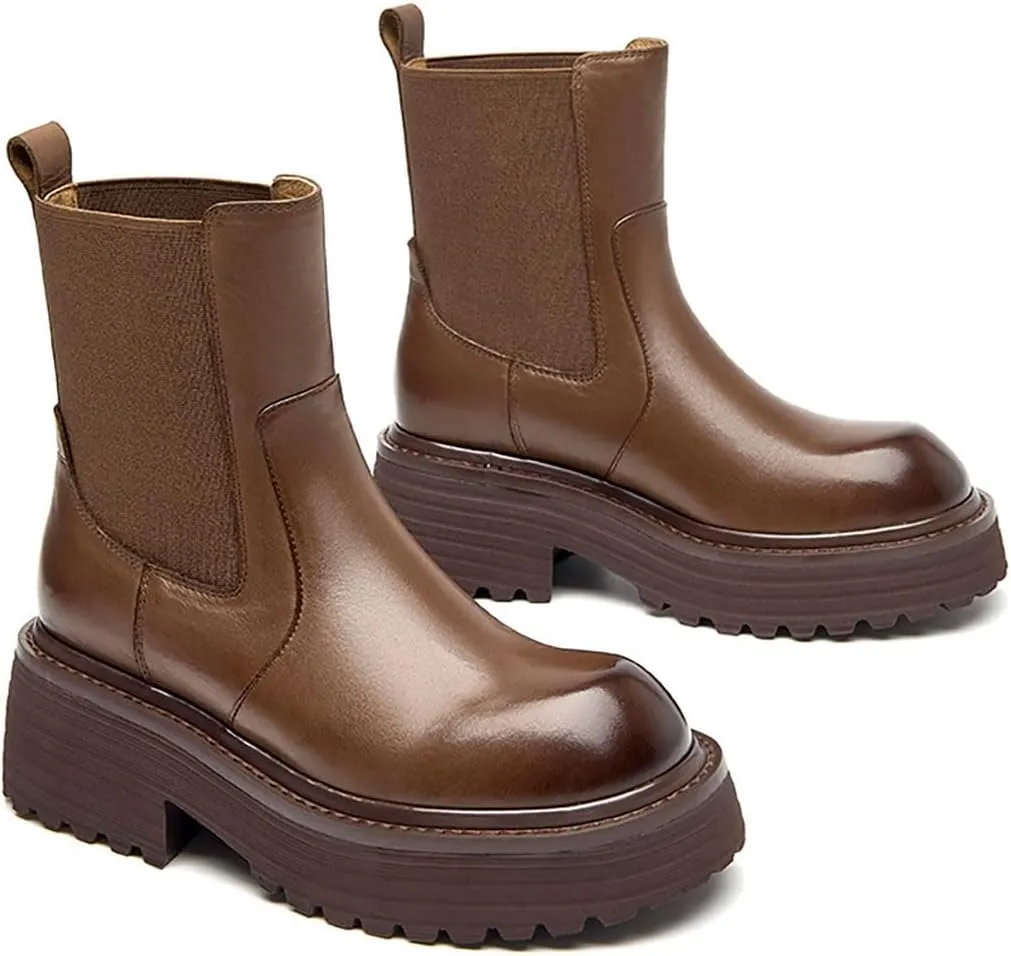 BEAU TODAY Chelsea Ankle Boots Women Genuine Calfskin Waxing Round Toe Platform Elastic Bands Ladies Shoes Handmade