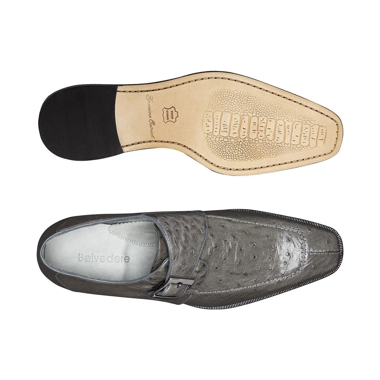 Belvedere Josh Men's Designer Shoes Gray Genuine Ostrich Split Toe Monkstraps Loafers 114011 (BV2845)