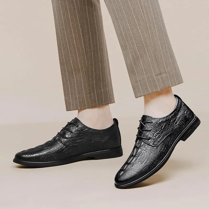 Black Crocodile Print Lace Up Casual Shoes Italian Luxury Men Leather Shoes Elegant Men's Office Dress Oxfords