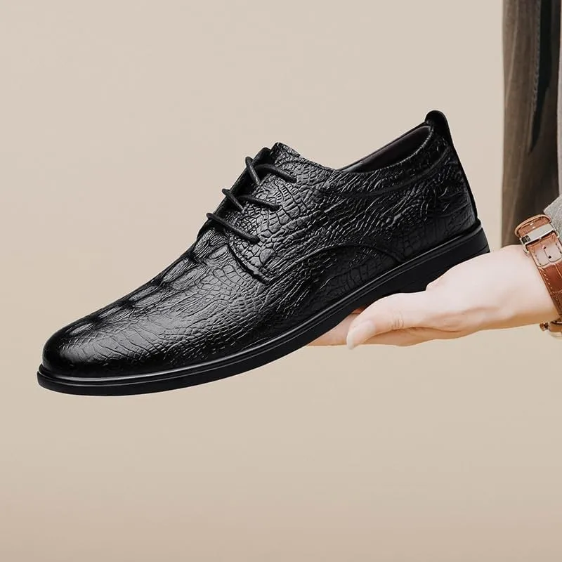 Black Crocodile Print Lace Up Casual Shoes Italian Luxury Men Leather Shoes Elegant Men's Office Dress Oxfords