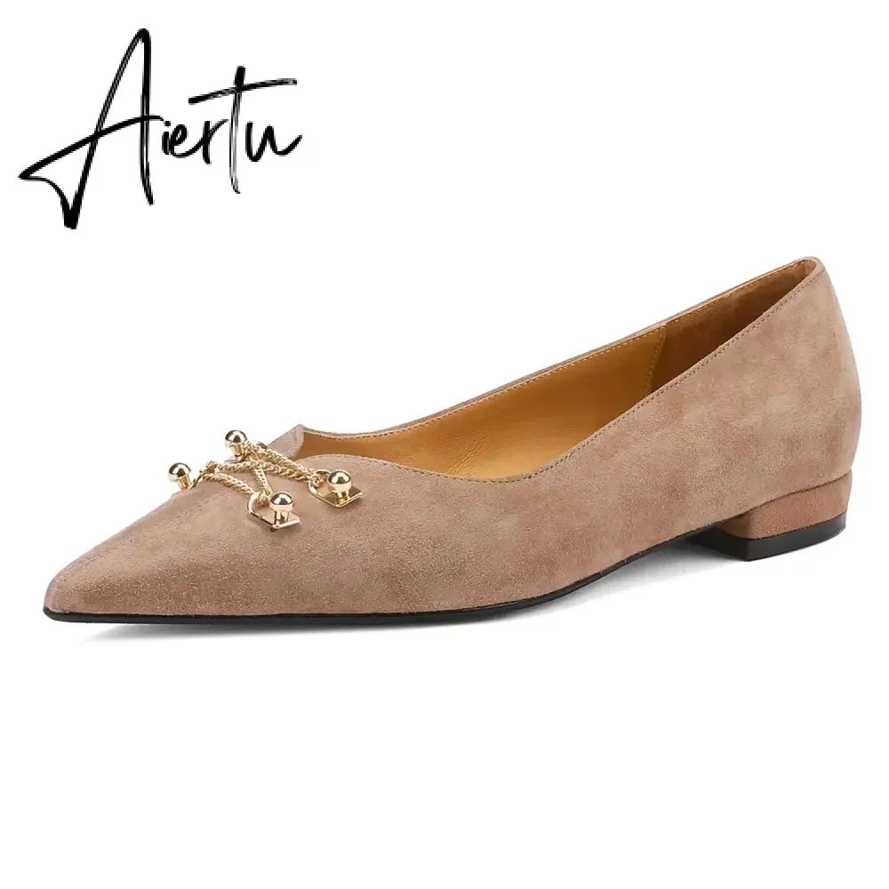 Black Loafer Shoes Women Spring Suede Sheepskin Low Heel Luxury Pumps for Ladies Metal Decoration Pointed Toe Handmade 42