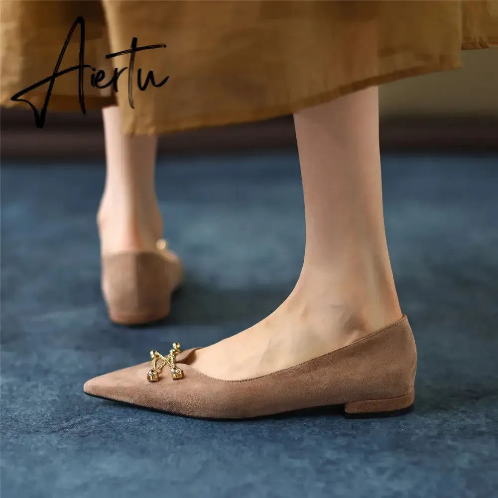 Black Loafer Shoes Women Spring Suede Sheepskin Low Heel Luxury Pumps for Ladies Metal Decoration Pointed Toe Handmade 42