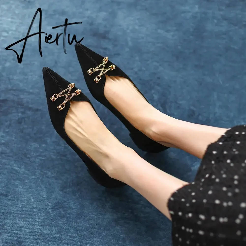 Black Loafer Shoes Women Spring Suede Sheepskin Low Heel Luxury Pumps for Ladies Metal Decoration Pointed Toe Handmade 42