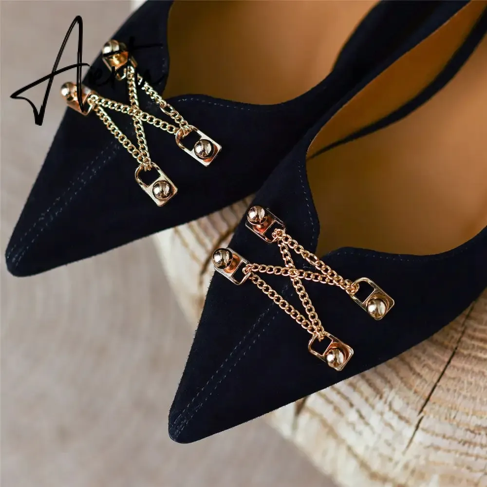 Black Loafer Shoes Women Spring Suede Sheepskin Low Heel Luxury Pumps for Ladies Metal Decoration Pointed Toe Handmade 42