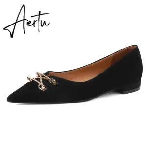 Black Loafer Shoes Women Spring Suede Sheepskin Low Heel Luxury Pumps for Ladies Metal Decoration Pointed Toe Handmade 42